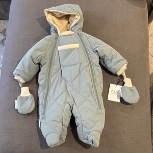 7 A.M. Enfant Sage Green Quilted Infant Snowsuit Footie with Mittens